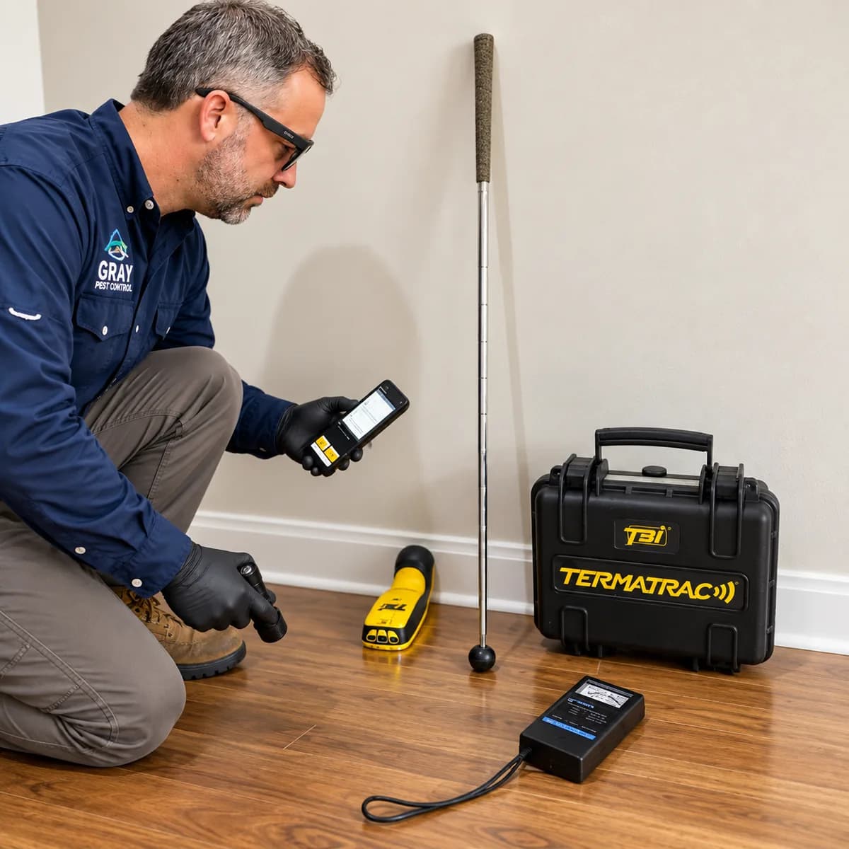 Technician performing a Termatrac termite inspection along a baseboard