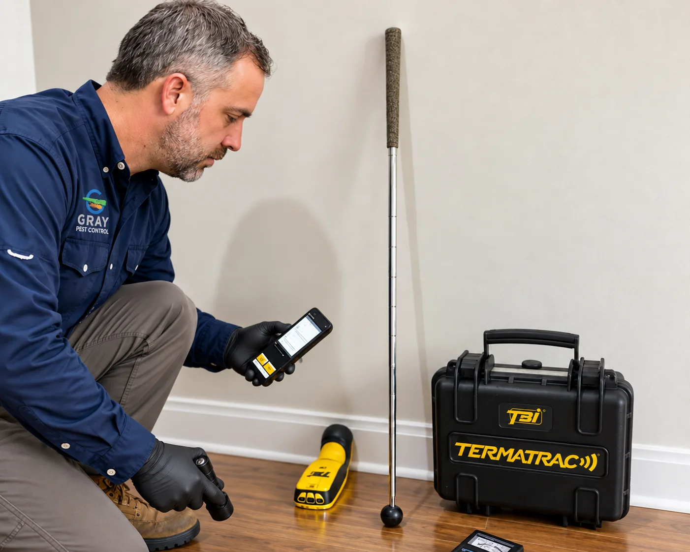 Technician performing a Termatrac termite inspection along a baseboard